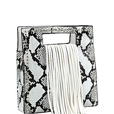 Fringe Accent Snake Print Cut-out Handle 2-Way Medium Satchel MH-D0499