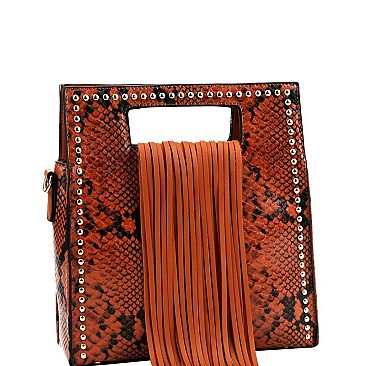 Fringe Accent Snake Print Cut-out Handle 2-Way Medium Satchel MH-D0499