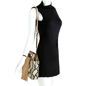 Fringe Accent Snake Print Cut-out Handle 2-Way Medium Satchel MH-D0499