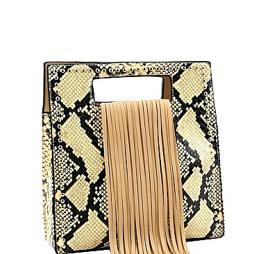 Fringe Accent Snake Print Cut-out Handle 2-Way Medium Satchel MH-D0499