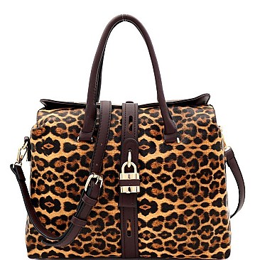 LEOPARD PRINT PADLOCK ACCENT SATCHEL