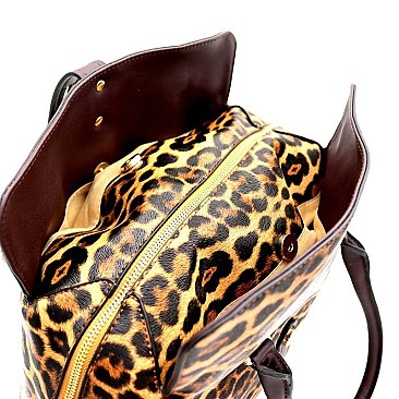 LEOPARD PRINT PADLOCK ACCENT SATCHEL