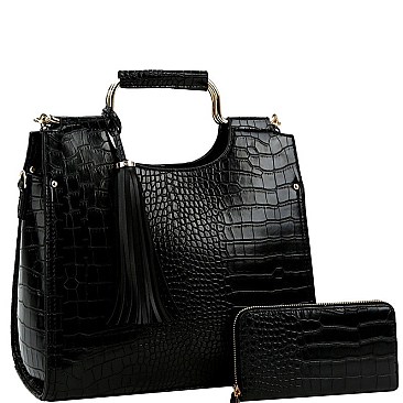 Tassel Accent Crocodile Print Satchel Wallet SET