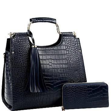 Tassel Accent Crocodile Print Satchel Wallet SET