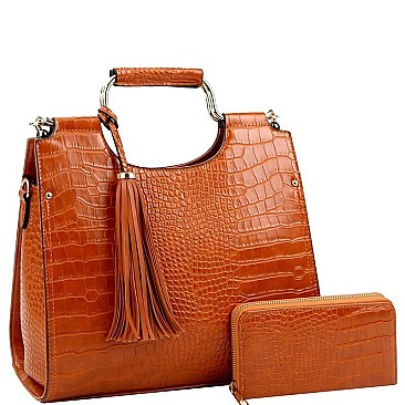 Tassel Accent Crocodile Print Satchel Wallet SET