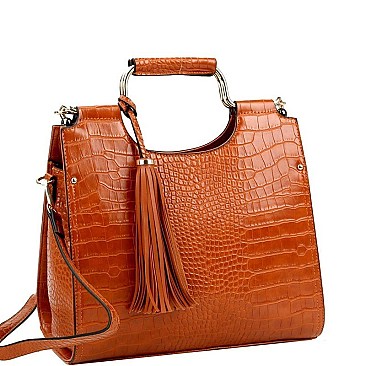 Tassel Accent Crocodile Print Satchel Wallet SET