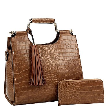 Tassel Accent Crocodile Print Satchel Wallet SET