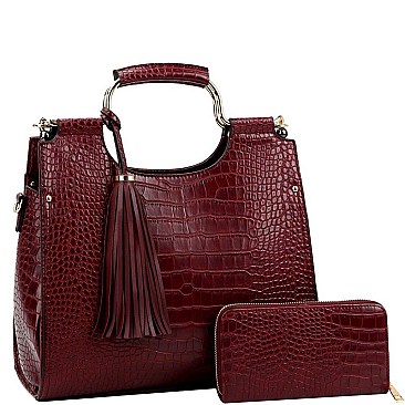 Tassel Accent Crocodile Print Satchel Wallet SET