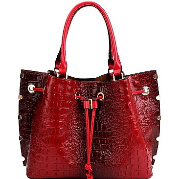 3-Compartment Crocodile Print Drawstring Tote