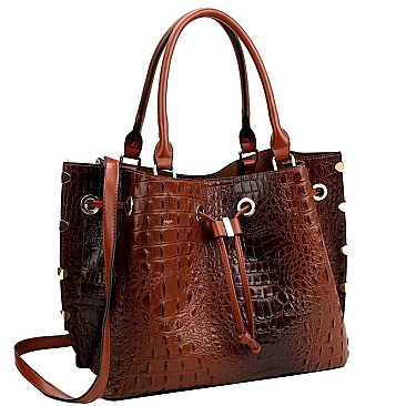 3-Compartment Crocodile Print Drawstring Tote