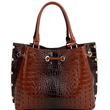 3-Compartment Crocodile Print Drawstring Tote