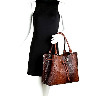 3-Compartment Crocodile Print Drawstring Tote