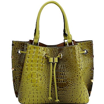 3-Compartment Crocodile Print Drawstring Tote