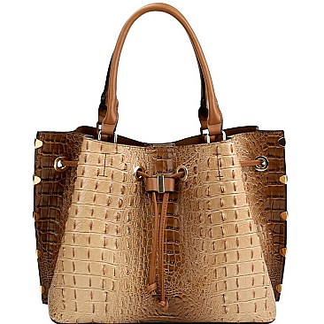 3-Compartment Crocodile Print Drawstring Tote