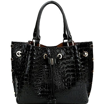 3-Compartment Crocodile Print Drawstring Tote