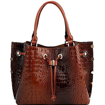 3-Compartment Crocodile Print Drawstring Tote