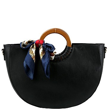 2-Way Scarf Accent Wooden Handle Half-Moon Satchel