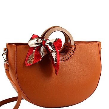 2-Way Scarf Accent Wooden Handle Half-Moon Satchel