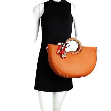 2-Way Scarf Accent Wooden Handle Half-Moon Satchel