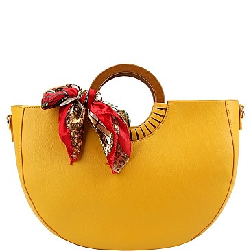 2-Way Scarf Accent Wooden Handle Half-Moon Satchel