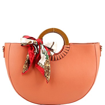2-Way Scarf Accent Wooden Handle Half-Moon Satchel