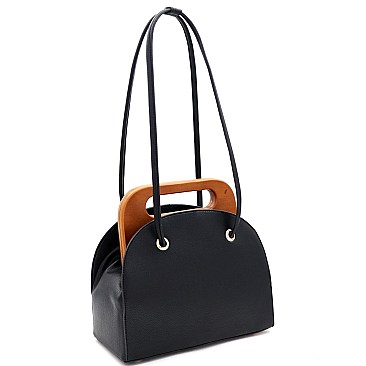 Structured Wooden Top Handle Accent Boxy Tote Bag