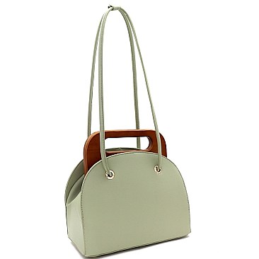 Structured Wooden Top Handle Accent Boxy Tote Bag