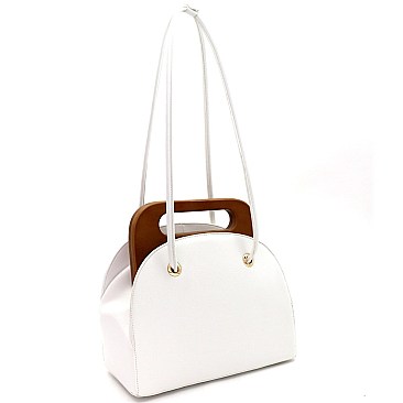 Structured Wooden Top Handle Accent Boxy Tote Bag