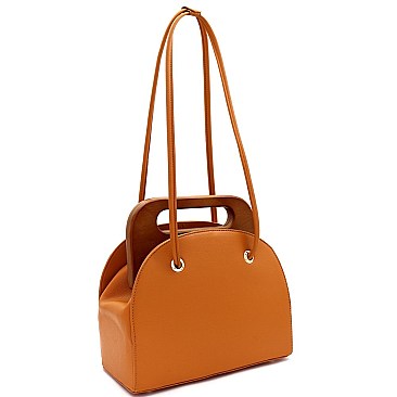 Structured Wooden Top Handle Accent Boxy Tote Bag