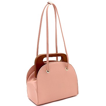 Structured Wooden Top Handle Accent Boxy Tote Bag