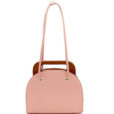 Structured Wooden Top Handle Accent Boxy Tote Bag