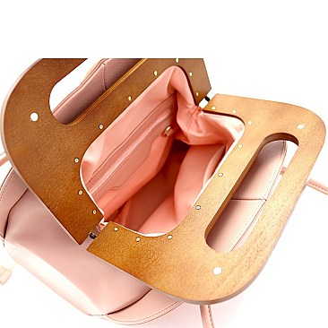 Structured Wooden Top Handle Accent Boxy Tote Bag