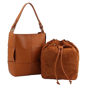 2-in-1 Woven Bucket Shoulder Bag Hobo