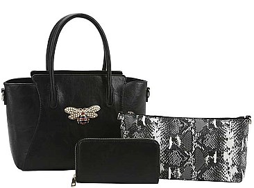 3IN1 PLAIN SMOOTH RHINESTONE BEE TOTE BAG WITH MULTI COLORED SNAKE BAG AND WALLET SET
