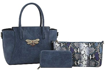 3IN1 PLAIN SMOOTH RHINESTONE BEE TOTE BAG WITH MULTI COLORED SNAKE BAG AND WALLET SET