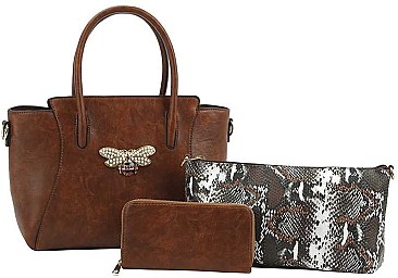 3IN1 PLAIN SMOOTH RHINESTONE BEE TOTE BAG WITH MULTI COLORED SNAKE BAG AND WALLET SET