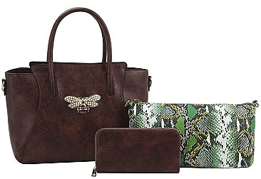3IN1 PLAIN SMOOTH RHINESTONE BEE TOTE BAG WITH MULTI COLORED SNAKE BAG AND WALLET SET