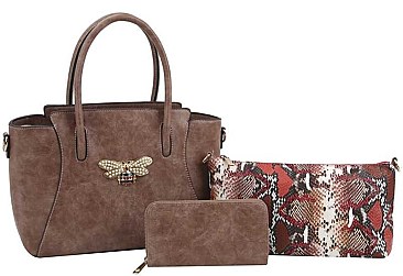 3IN1 PLAIN SMOOTH RHINESTONE BEE TOTE BAG WITH MULTI COLORED SNAKE BAG AND WALLET SET