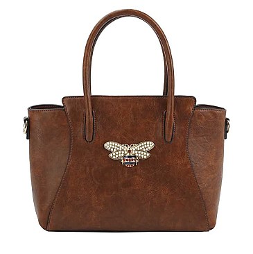3IN1 PLAIN SMOOTH RHINESTONE BEE TOTE BAG WITH MULTI COLORED SNAKE BAG AND WALLET SET