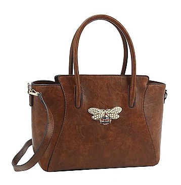 3IN1 PLAIN SMOOTH RHINESTONE BEE TOTE BAG WITH MULTI COLORED SNAKE BAG AND WALLET SET