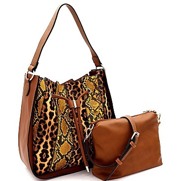 2 IN 1 DRAWSTRING LEOPARD & SNAKE PATCH HOBO