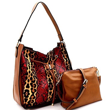 2 IN 1 DRAWSTRING LEOPARD & SNAKE PATCH HOBO
