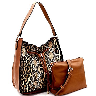 2 IN 1 DRAWSTRING LEOPARD & SNAKE PATCH HOBO