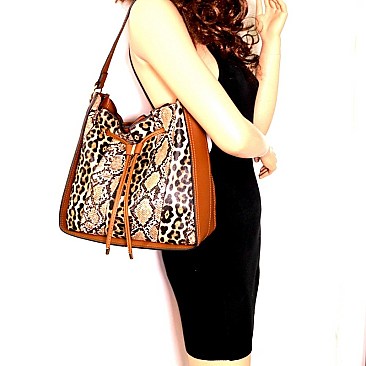 2 IN 1 DRAWSTRING LEOPARD & SNAKE PATCH HOBO