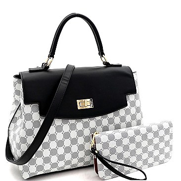 2-Way Turn-Lock Accent Monogram Flap Satchel Wallet SET