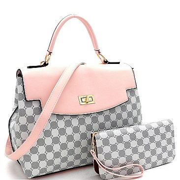 2-Way Turn-Lock Accent Monogram Flap Satchel Wallet SET