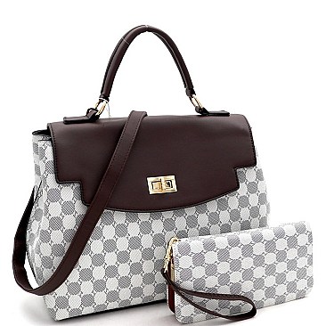 2-Way Turn-Lock Accent Monogram Flap Satchel Wallet SET
