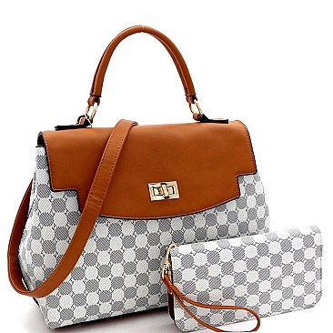2-Way Turn-Lock Accent Monogram Flap Satchel Wallet SET