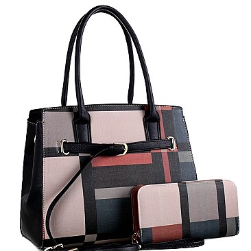 CHECKERED BUCKLE ACCENT TOTE WALLET SET