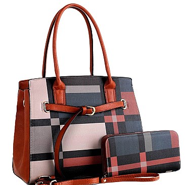 CHECKERED BUCKLE ACCENT TOTE WALLET SET